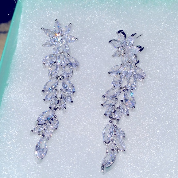 Bridal Flower Sterling Silver Cubic Zirconia Drop Earrings - Picture 2 of 6